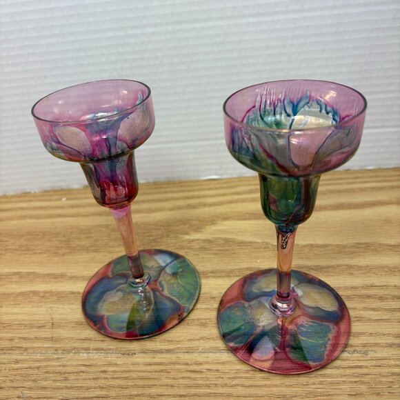 Pair Vintage Deco Art Designs Canada Handcrafted Multi Colour Glass Goblets - Picture 6 of 10